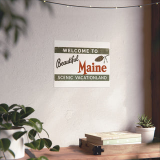 Vintage Welcome to Maine Sign Poster in 14x11 inch size hanging on a living room wall