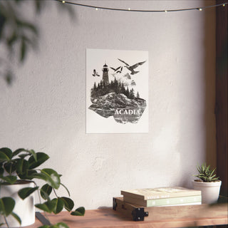 Acadia National Park Lighthouse Poster in 11x14 inch size hanging on a living room wall