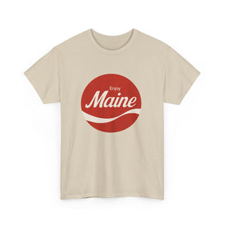 Beige t-shirt with a red and white 'Enjoy Maine' graphic on a white background