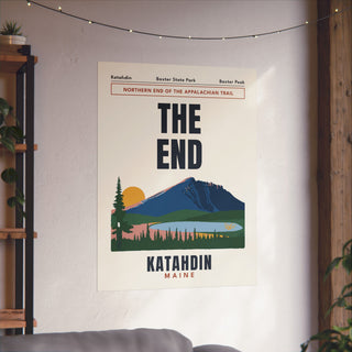 Katahdin The End Appalachian Trail Poster in 30x40 inch size hanging on a living room wall