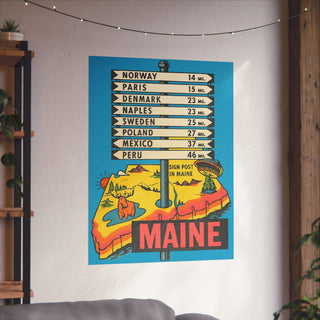 Fellow Traveler Maine Signpost Poster in 30x40 inch size hanging on a living room wall