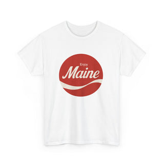 White t-shirt with a red circle featuring 'Enjoy Maine' text on a white background