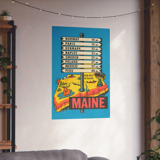 Fellow Traveler Maine Signpost Poster in 24x36 inch size hanging on a living room wall
