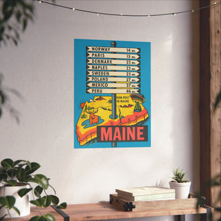 Fellow Traveler Maine Signpost Poster hanging on a living room wall