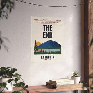 Katahdin The End Appalachian Trail Poster in 18x24 inch size hanging on a living room wall