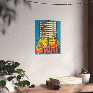 Fellow Traveler Maine Signpost Poster in 11x14 inch size hanging on a living room wall